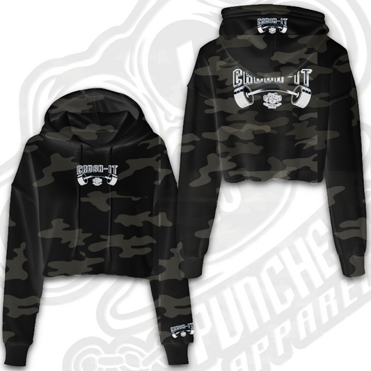 CRUSH-IT CROPPED HOODIE. Indicate what color, green, gray, black or camouflage in notes at checkout..