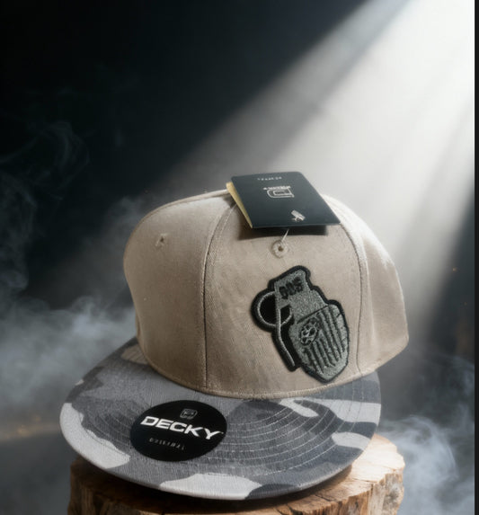 SUPPORT OUR SOLDIERS (S.O.S.)        ￼ Tan hat with black and gray camo .