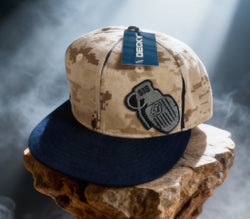 SUPPORT OUR SOLDIERS (S.O.S.) SNAP BACK HAT                           desert camo hat with black brim.