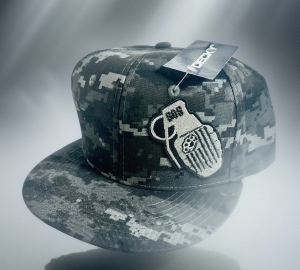 SUPPORT OUR SOLDIERS (S.O.S.)       ￼ Green and gray digital camo hat.