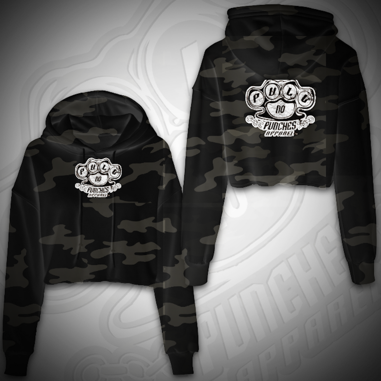 LADIES CROPPED CAMO HOODIE.                      logo available in different color logos ,indicate in Notes at checkout